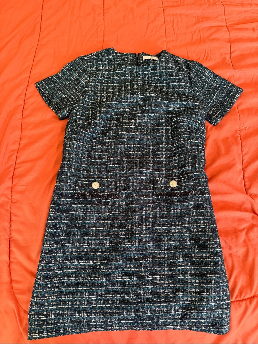 LOFT Green Tweed Short-Sleeve Shift Dress with Gold Buttons